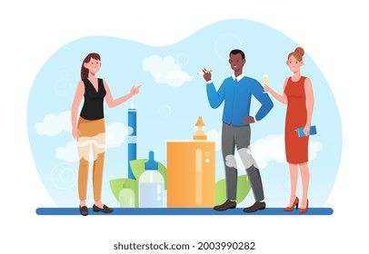 Male and female characters are vaping outdoors together. Analog nicotine intake with vape cigarette as modern addiction. Toxic unhealthy habit with death consequences. Flat cartoon vector illustration