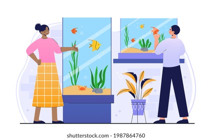 Male and female characters are visiting fish pet shop together. Young man and woman choosing and buying aquarium and fish. Colorful fish in big shop aquariums. Flat cartoon vector illustration