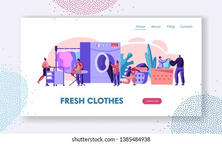 Male and Female Characters Visiting Laundry Loading Clothes to Wash Machine, Ironing, Rolling Cart in Launderette. Wash Service Website Landing Page, Web Page. Cartoon Flat Vector Illustration, Banner