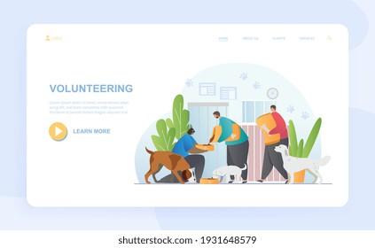 Male and female characters are volunteering together. Group of people helping and taking care of dogs in animal shelter. Website, web page, landing page template. Flat cartoon vector illustration