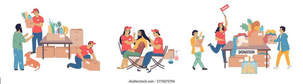 Male And Female Characters Volunteers Donating Food, Clothing To Homeless Shelters, Giving Free Haircuts To The Homeless, Vector Flat Isolated Illustration. Humanitarian Aid, Donation, Volunteering.