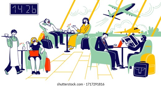 Male and Female Characters Waiting Airplane Departure in Airport Business Lounge. People Sitting in Comfortable Armchairs at Coffee Tables Chatting, Working on Laptops. Linear Vector Illustration