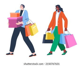 Personajes hombres y mujeres caminando con bolsas y cajas, regresando de tiendas o tiendas. El marido y la mujer compran los fines de semana. La actividad comercial, el ocio y el pasatiempo. Vector de estilo plano