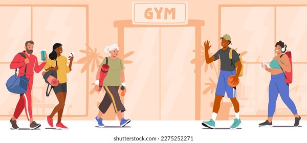 Male and Female Characters Walking to Gym, Carrying Workout Gear And Water Bottles. Energetic And Healthy Lifestyle Concept for Fitness-related Products Or Services. Cartoon People Vector Illustration