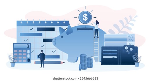 Male and female characters and wallet with money. Money management or family budget concept. Monthly planner,calculator and piggy bank. Accumulation and financial stability. Trendy vector illustration