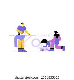 Male And Female Characters Washing And Ironing Clothes In Flat Vector Illustration Symbolizing Household Chores, Laundry Routine, And Teamwork, Isolated On White Background