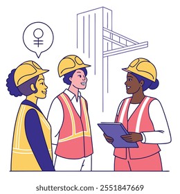 Personagens masculinos e femininos usam colete laranja e chapéu com prancheta. Funcionários de Depósito, Construtor, Engenheiro, Arquiteto ou Construtor Homem e Mulher Trabalhando no Projeto. Ilustração de vetor de desenhos animados