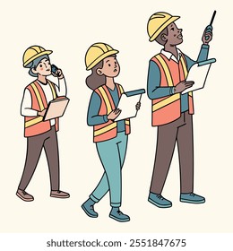 Personagens masculinos e femininos usam colete laranja e chapéu com prancheta. Funcionários de Depósito, Construtor, Engenheiro, Arquiteto ou Construtor Homem e Mulher Trabalhando no Projeto. Ilustração de vetor de desenhos animados