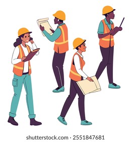 Personagens masculinos e femininos usam colete laranja e chapéu com prancheta. Funcionários de Depósito, Construtor, Engenheiro, Arquiteto ou Construtor Homem e Mulher Trabalhando no Projeto. Ilustração de vetor de desenhos animados