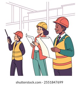 Personagens masculinos e femininos usam colete laranja e chapéu com prancheta. Funcionários de Depósito, Construtor, Engenheiro, Arquiteto ou Construtor Homem e Mulher Trabalhando no Projeto. Ilustração de vetor de desenhos animados