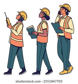 Personagens masculinos e femininos usam colete laranja e chapéu com prancheta. Funcionários de Depósito, Construtor, Engenheiro, Arquiteto ou Construtor Homem e Mulher Trabalhando no Projeto. Ilustração de vetor de desenhos animados