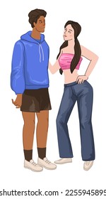 Male and female characters wearing popular clothes of 00s. Isolated teenagers in jeans and sweatshirt presenting fashion of 2000s. School students in modern outfits and looks. Vector in flat style