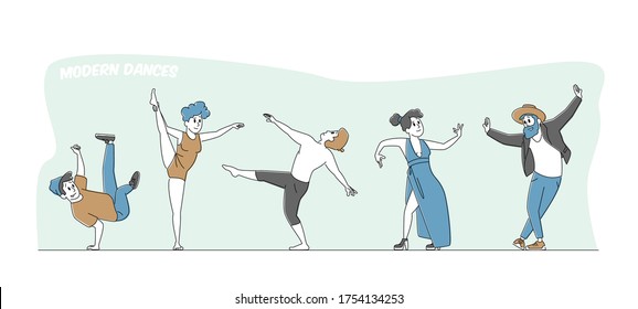 Male and Female Characters Wearing Stylized Costumes Dance Modern Dances. Group of People at Disco Party or Training Class. Happy Men or Women Clubbing, Performing. Linear People Vector Illustration