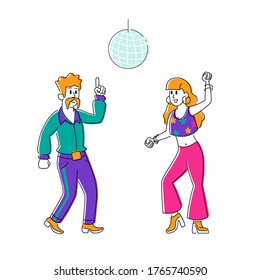 Male and Female Characters Wearing Stylized Retro Costumes Dance at Disco Party. Group of People Happily Dancing. Happy Man and Woman Clubbing in Night Club, Vintage Event. Linear Vector Illustration