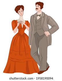 Male and female characters wearing traditional clothes of art nouveau epoch or period. Man and woman in suit and dress strolling and having walk. Wife and husband in costume. Vector in flat style