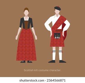 Male and female characters wearing traditional Scottish kilts.  flat vector illustration.