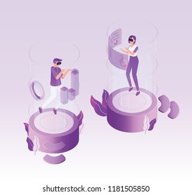 Male and female characters wearing virtual reality glasses and exploring world. Man and woman in VR headsets. Modern innovative technology and electronic device. Colored isometric vector illustration.