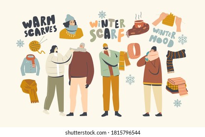 Male and Female Characters Wearing Woolen Knitted Handmade Scarves and Hoods for Cold Winter or Autumn Weather. Young People in Warm Clothes for Outdoor Walking, Fashion. Linear Vector Illustration