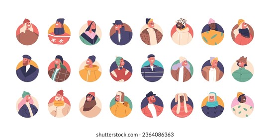 Male Female Characters in Winter Clothes Avatars Set Features People Bundled Up In Cozy Knit Sweaters, Scarves, And Hats