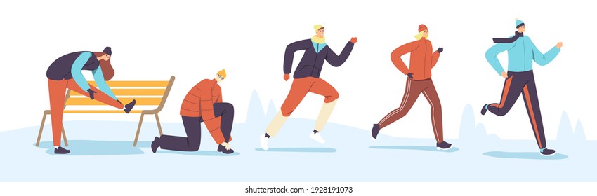 Male And Female Characters Winter Running. Sport Jogging Competition. Athlete Sprinters Sportsmen And Sportswomen In Warm Clothes Run Sprint Race At Cold Season. Cartoon People Vector Illustration