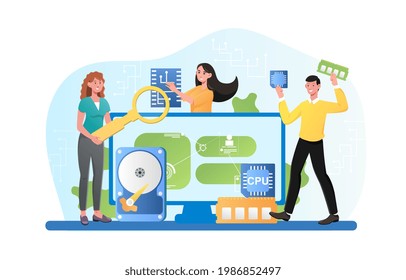 Personajes masculinos y femeninos trabajan en la industria de equipos informáticos. Concepto de la industria de componentes y equipos eléctricos. Tecnología eléctrica pesada. Ilustración vectorial de dibujos animados planos