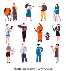 Male and female characters working at different professions. Musician and builder, doctor and it developer, policeman and firefighter, teacher and chef, soldier and stewardess. Vector in flat style