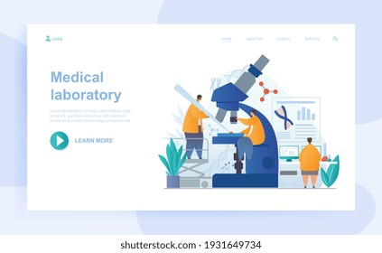 Male and female characters are working in medical laboratory together. Scientists study microorganism with microscope. Website, web page, landing page template. Flat cartoon vector illustration