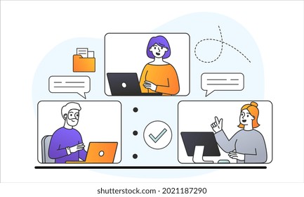 Male and female characters are working and meeting workers online together. Concept of team thinking and brainstorming, company information analytics, self-isolation. Flat cartoon vector illustration