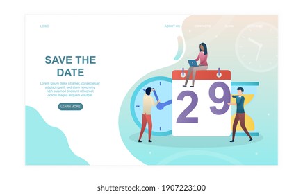 Male and female characters are working next to calendar. Concept of productivity at work. Men and woman are saving the date. Website, web page, landing page template. Flat cartoon vector illustration