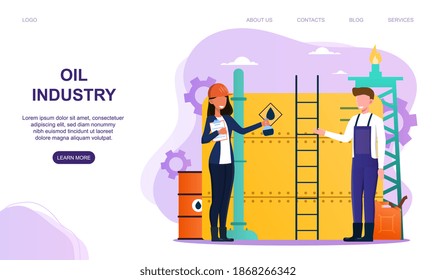 Male and female characters working on oil industry. Woman with notepad checking on industrial worker job at the factory. Website, web page, landing page template. Flat cartoon vector illustration