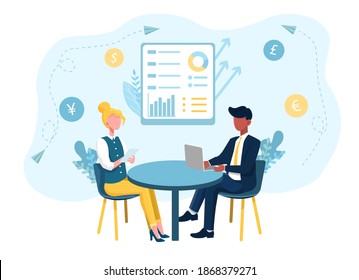 Male and female characters working on price chart analysis. Multiracial co-workers working by the table and board with infographics. Flat cartoon vector illustration