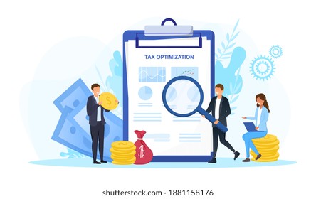 Male and female characters working on tax optimization. Specialist standing and sitting next to clipboard charging tax to a minimum. Concept of accounting and payment. Flat cartoon vector illustration