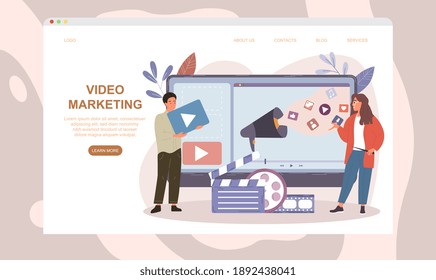 Male and female characters working on video marketing. Man and woman creating video content for online digital platform. Website, web page, landing page template. Fla cartoon vector illustration