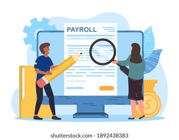 Male and female characters working on payroll administrative. Man and woman use pencil and magnifier to examine payroll check. Flat cartoon vector Illustration