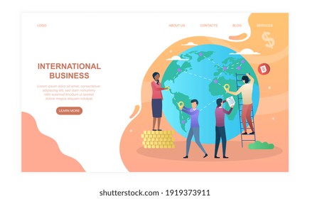 Male And Female Characters Are Working On International Business. Concept Of Market Globalization And Company Expansion. Website, Web Page, Landing Page Template. Flat Cartoon Vector Illustration