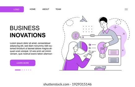 Male and female characters are working on business innovations together. Young man and woman creating innovative products. Website, web page, landing page template. Flat cartoon vector illustration