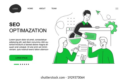 Male and female characters are working on SEO optimisation. Concept of search engine optimization as marketing strategy. Website, web page, landing page template. Flat cartoon vector illustration