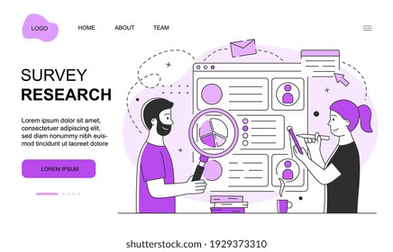 Male and female characters are working on survey research together. Man is looking at survey documents through magnifier. Website, web page, landing page template. Flat cartoon vector illustration