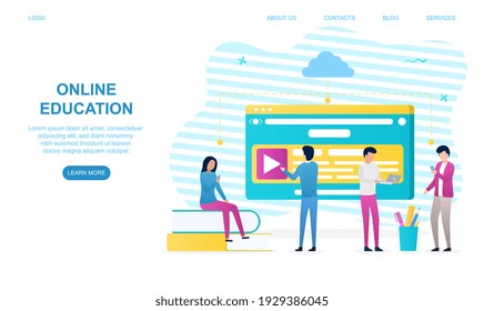 Male and female characters are working on online education. Men and women are creating education content for online courses. Website, web page, landing page template. Flat cartoon vector illustration