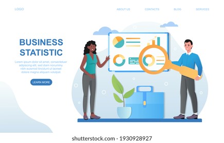 Male and female characters are working on business statistic. Colleagues studying diagrams and infographics with magnifier. Website, web page, landing page template. Flat cartoon vector illustration