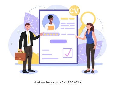 Male and female characters are working on recruitment. Concept of job hiring, online resume and agency interview. Man and woman standing next to clipboard with resume. Flat cartoon vector illustration