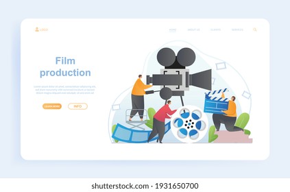 Male and female characters are working on film production. Movie crew working together to shoot a film. Website, web page, landing page template. Flat cartoon vector illustration