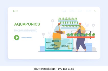 Male and female characters are working on aquaponics. Man and woman producing food by connecting aquaculture and hydroponics. Website, web page, landing page template. Flat cartoon vector illustration