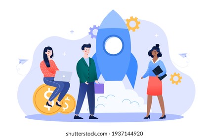 Male and female characters are working on start up business together. Concept of business project startup process, planning and strategy, time management, realization. Flat cartoon vector illustration