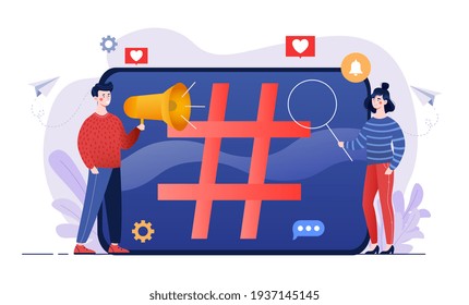 Male And Female Characters Are Working On Social Listening Together. Concept Of Social Network Monitoring, Social Media Measurement, Social Listening. Flat Cartoon Vector Illustration