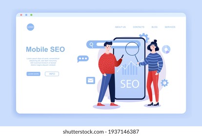 Male and female characters are working on mobile SEO. Man and woman are working on search engine optimization as a team. Website, web page, landing page template. Flat cartoon vector illustration