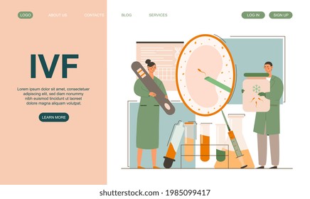 Male and female characters are working on IVF medical fertility. Concept of alternative way for pregnancy in hospital. Website, web page, landing page template. Flat cartoon vector illustration