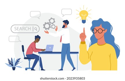 Male and female characters are working on new graphic design together as a creative team. Concept of people researching, testing and validating design solutions. Flat cartoon vector illustration