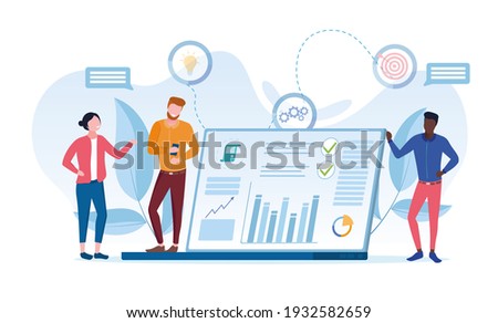 Male and female characters are working on online analytics and statistics together. Concept of web page improvement for business promotion as marketing strategy. Flat cartoon vector illustration