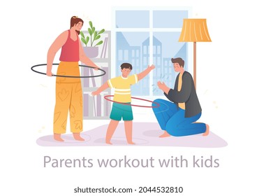 Male and female characters are working out with their little child at home on white background. Concept of parents helping their kids to do excercises at home. Flat cartoon vector illustration